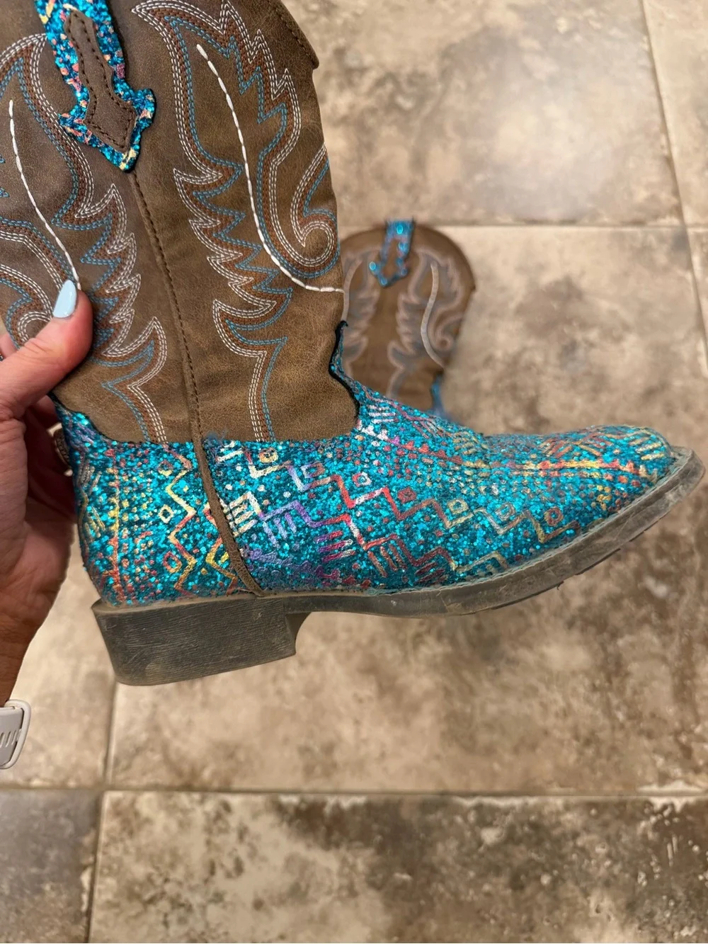 Girls Turquoise Glitter Western Boots